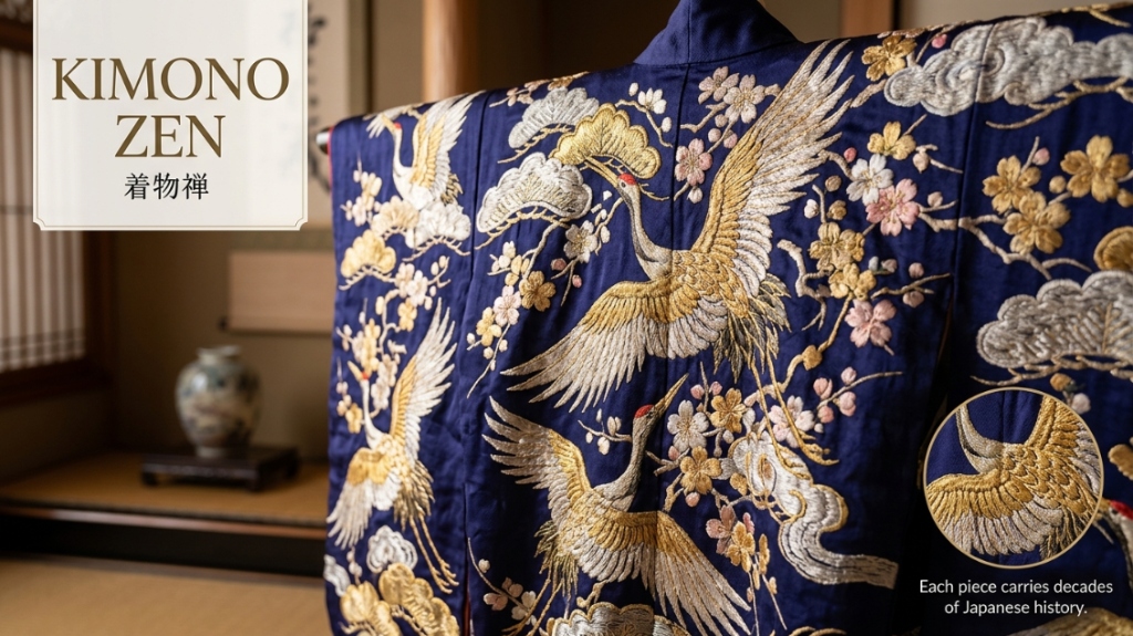 Vintage Gold Crane Kimono